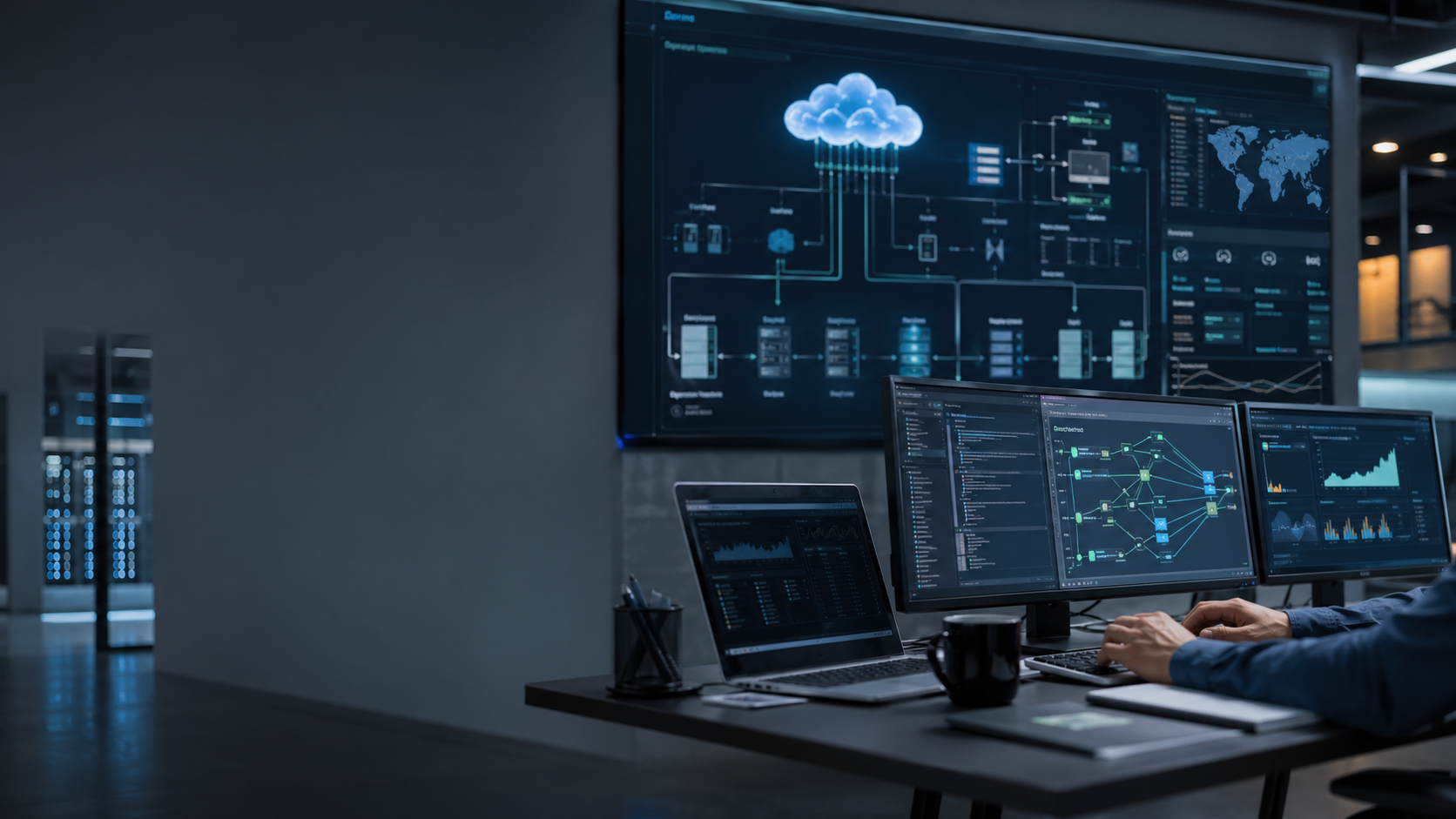 Modern infrastructure operations workspace with cloud architecture and monitoring displays